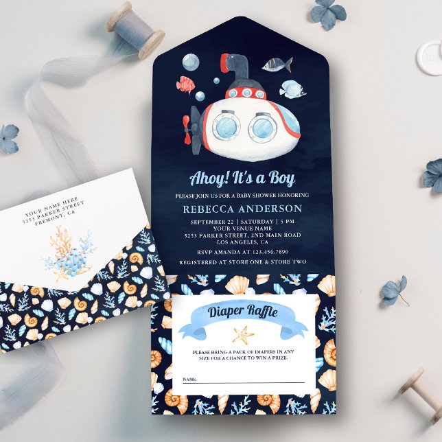 Invitation Tout En Un Marine Blue Cute Sous-marin Baby shower nautique (Créateur téléchargé)