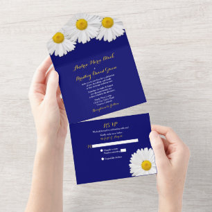 Invitation Tout En Un Marine Blue Daisy Mariage RSVP Tout en un