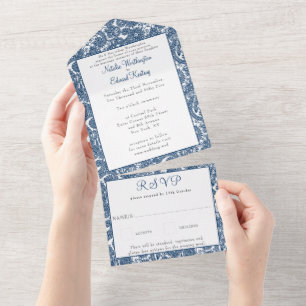 Invitation Tout En Un Marine Blue Filigree Paisley Henné Mariage RSVP