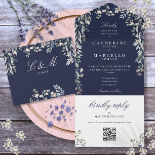 Invitation Tout En Un Marine Blue Floral Greenery QR Code Mariage