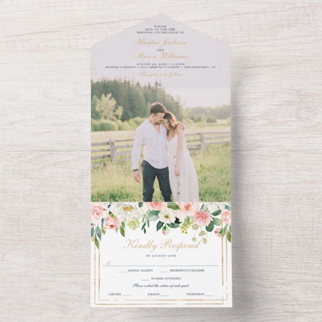 Invitation Tout En Un Marine Blue Gold Blush Wedding Inviter avec photo (À l'intérieur)