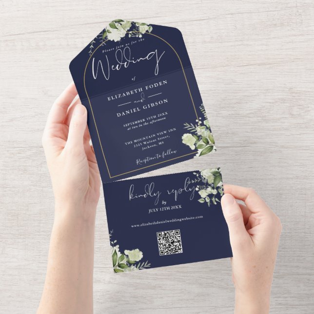Invitation Tout En Un Marine Blue Greenery Gold Arch Code QR Mariage (Déchirure)