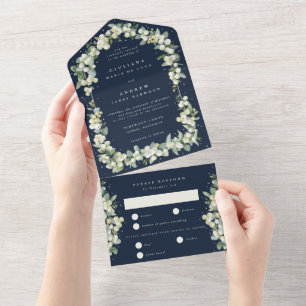 Invitation Tout En Un Marine Blue Snowberry+Eucalyptus Mariage d'hiver