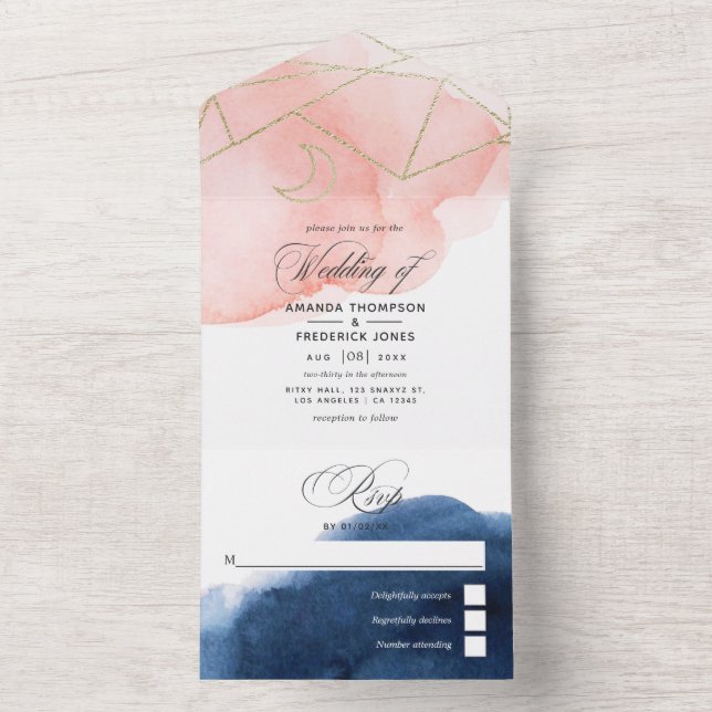 Invitation Tout En Un Marine et Blush Mariage géométrique tout en un (À l'intérieur)