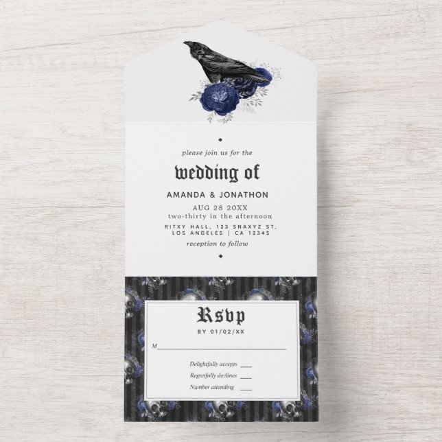 Invitation Tout En Un Marine et Mariage floral gothique argenté (À l'intérieur)