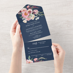 Invitation Tout En Un Marine Floral Blush Mariage rose