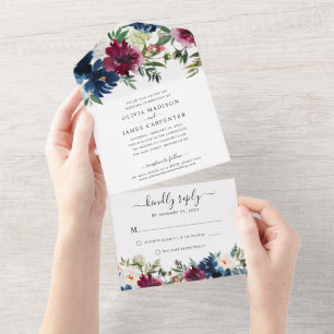 Invitation Tout En Un Marine moderne Bleu Bourgogne Élégant Mariage flor