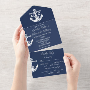Invitation Tout En Un Marine Nautique Bleu Élégant Mariage de bateau mod