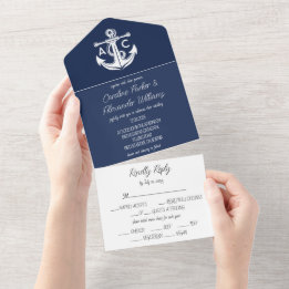Invitation Tout En Un Marine Nautique Bleu Élégant Mariage océanique mod