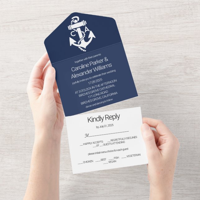 Invitation Tout En Un Marine Nautique Bleu Élégant Mariage océanique mod (Déchirure)
