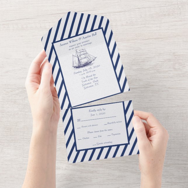 Invitation Tout En Un Marine nautique et rayures blanches (Déchirure)