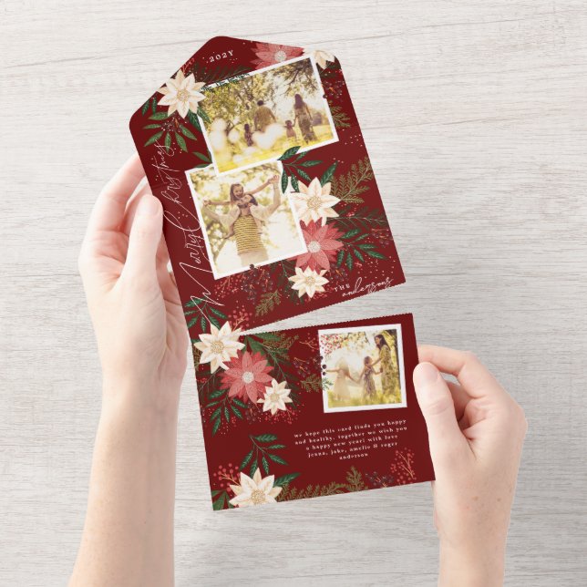 Invitation Tout En Un Maroon Poinsettia Photo Collage Joyeux Noël (Déchirure)