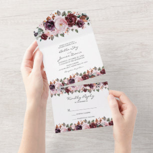 Invitation Tout En Un Marsala Red Floral Fall Tout en un mariage Inviter