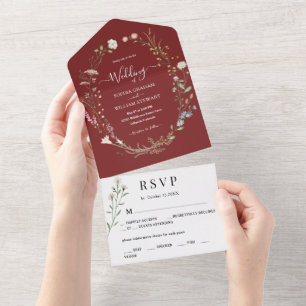 Invitation Tout En Un Marsala Watercolor Fleur sauvage Mariage simple