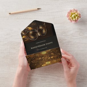 Invitation Tout En Un Mascarade élégante noire et or avec RSVP
