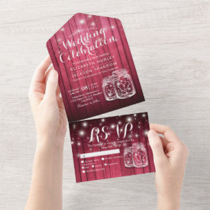 Invitation Tout En Un Mason Jars Éclairage à cordes Mariage rustique en 