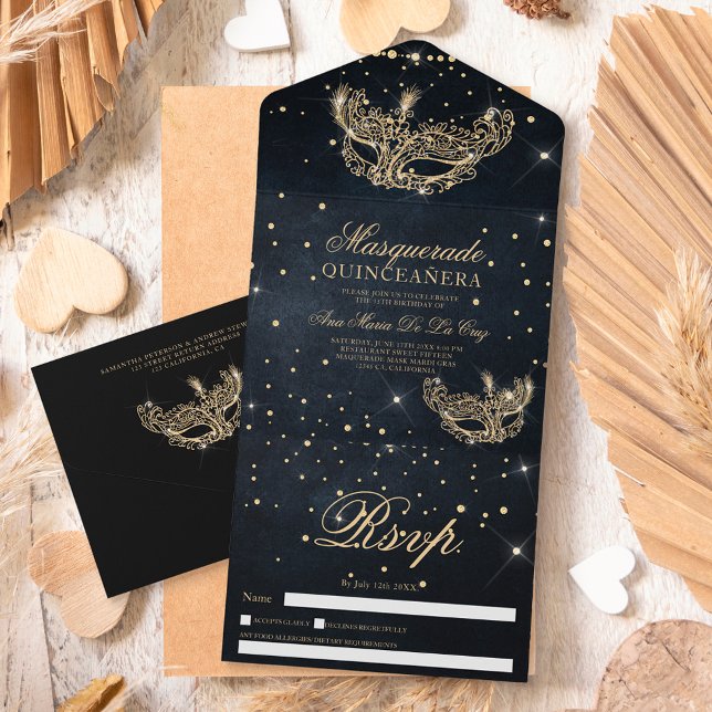 Invitation Tout En Un Masque masqué or parties scintillant quinceanera n (Créateur téléchargé)