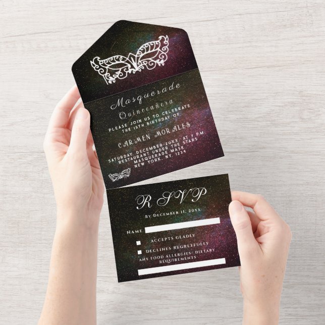 Invitation Tout En Un Masquerade Masque Galaxy Sky Stars Quinceanera (Déchirure)