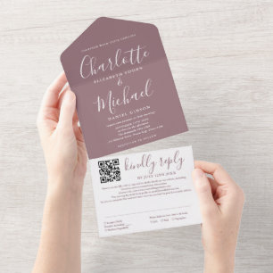 Invitation Tout En Un Mauve Elegant Script moderne QR Code Mariage
