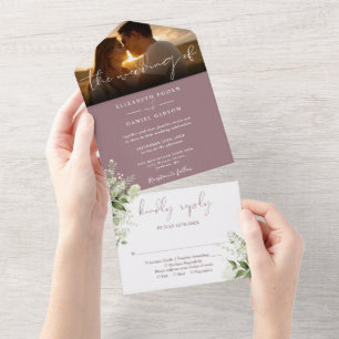 Invitation Tout En Un Mauve Floral Greenery Photo Mariage