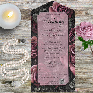 Invitation Tout En Un Mauve gothique, gris et Roses noirs avec code QR