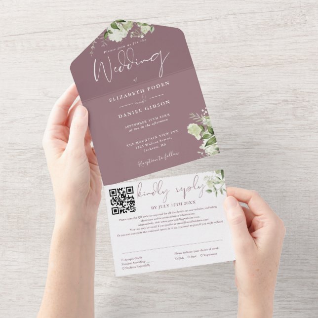 Invitation Tout En Un Mauve Greenery Monogram QR Code Mariage (Déchirure)