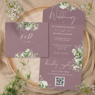Invitation Tout En Un Mauve Vert Floral QR Code Monogramme Mariage