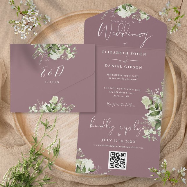 Invitation Tout En Un Mauve Vert Floral QR Code Monogramme Mariage (Mauve Greenery Floral QR Code Monogram Wedding All In One Invitation)