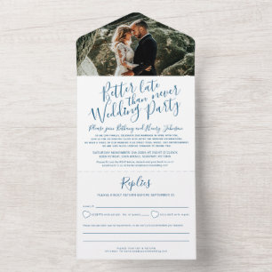 Invitation Tout En Un Meilleure fête de mariage tardive photo RSVP bleu