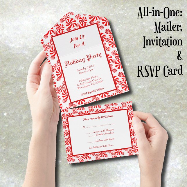 Invitation Tout En Un Menthe blanche rouge modifiable Tout en un Invitat (Peppermint Candy Pattern Editable Invitation, mailer and RSVP card)