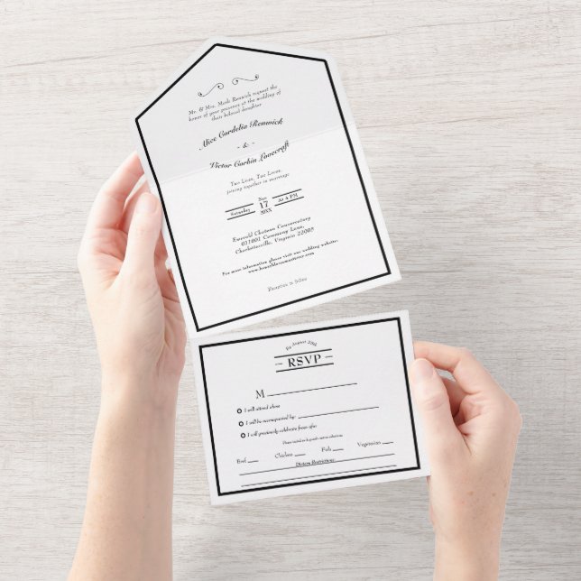 Invitation Tout En Un Menu classique Mariage noir blanc classique (Déchirure)