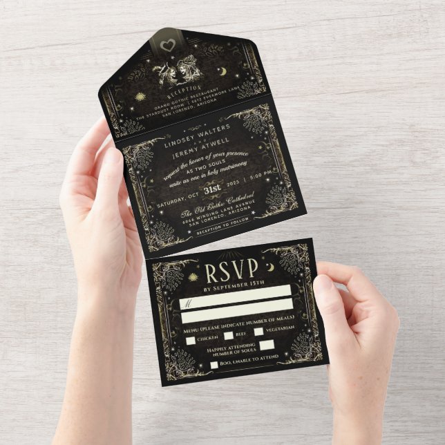 Invitation Tout En Un MENU Mariage Halloween Tarot noir & or (Déchirure)
