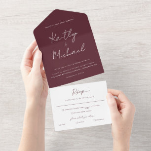 Invitation Tout En Un Merlot Bourgogne Mariage moderne avec déchirure RS