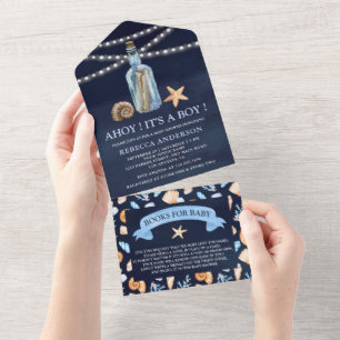 Invitation Tout En Un Message vintage dans un Baby shower bleu marine en