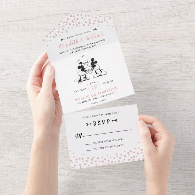 Invitation Tout En Un Mickey et Minnie Mariage Pink Confetti Mariage (Déchirure)