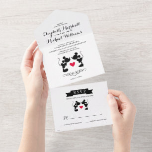 Invitation Tout En Un Mickey et Minnie Mariage Silhouette Tout en un