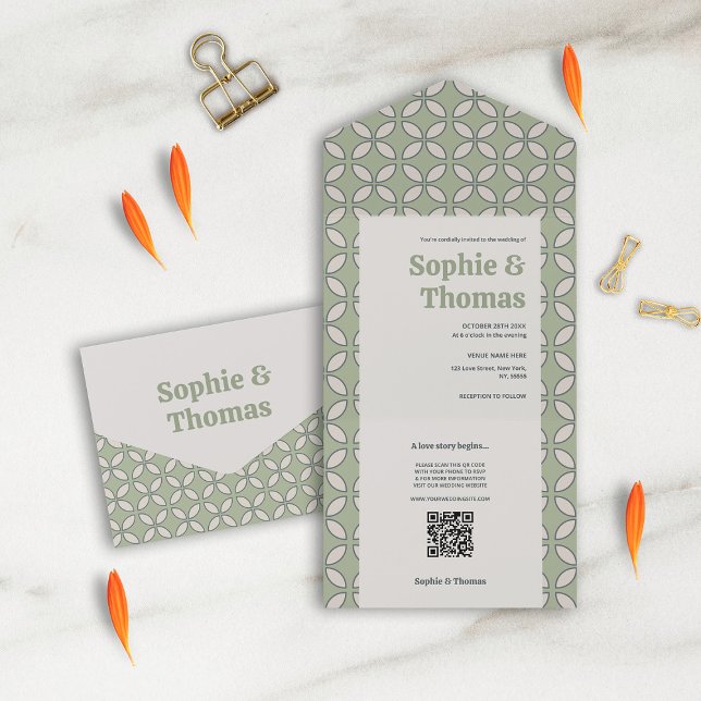 Invitation Tout En Un Mid Century Mod Retro Mariage Olive Green (Créateur téléchargé)