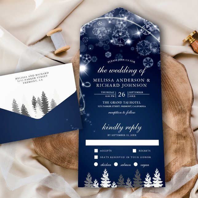 Invitation Tout En Un Midnight Blue Winter Wonderland Pine Trees Mariage (Créateur téléchargé)