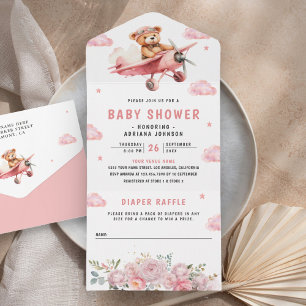 Invitation Tout En Un Mignon Ours en Peluche Bohème Avion Rose Baby Show