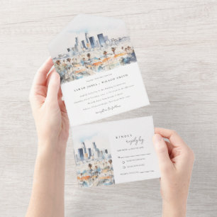Invitation Tout En Un Minimal Los Angeles, Californie Mariage d'aquarell