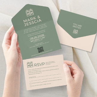 Invitation Tout En Un Minimal Modern Vietnamese/English Wedding GREEN   