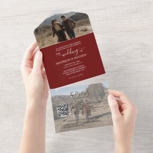 Invitation Tout En Un Minimaliste Bourgogne rouge QR Code RSVP Mariage