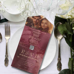 Invitation Tout En Un Minimaliste Burgundy Gold Photo Code QR E-mail