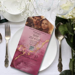 Invitation Tout En Un Minimaliste Burgundy Gold Photo Code QR E-mail