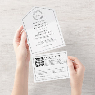 Invitation Tout En Un Minimaliste noir et blanc moderne QR Code Mariage