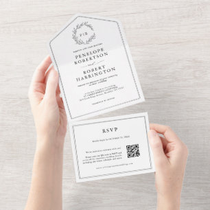 Invitation Tout En Un Minimaliste noir et blanc moderne QR Code Mariage
