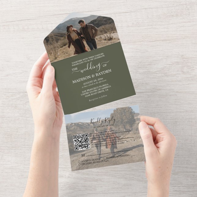 Invitation Tout En Un Minimaliste Olive Green QR Code RSVP Mariage (Déchirure)