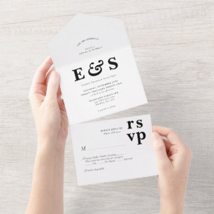 Invitation Tout En Un Minimaliste Prep Chic noir Monogramme Mariage