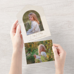 Invitation Tout En Un Minimaliste Typography Gold Arch Holiday Photo