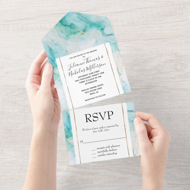 Invitation Tout En Un Mint Aqua Glam Elegant Marbre Or (Déchirure)